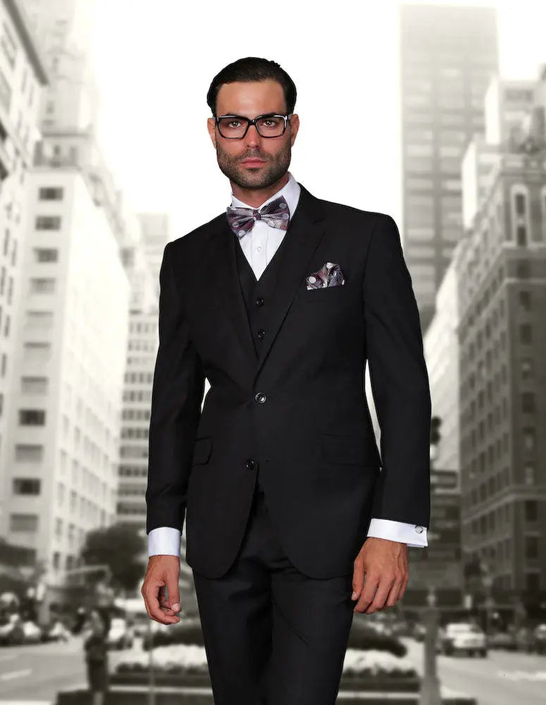 Statement STZV-102XL Black Vested Suit - Super 150's Italian Wool