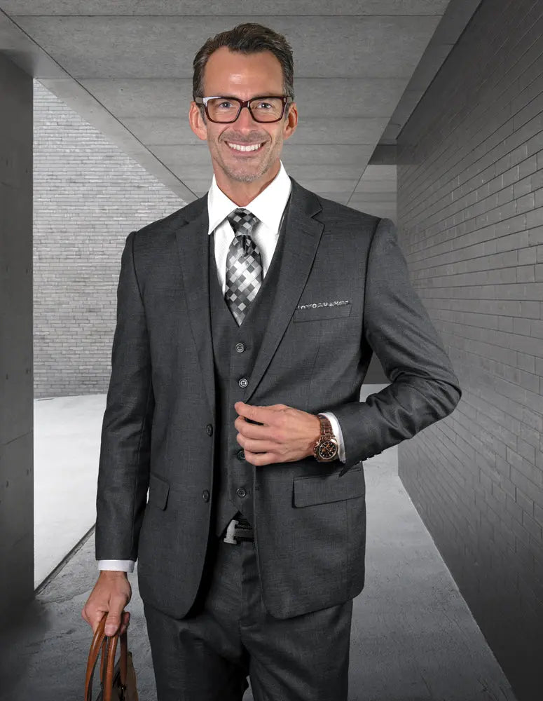 Statement Lazaro Charcoal Slim Fit Vested Suit – Super 150’s Italian Wool