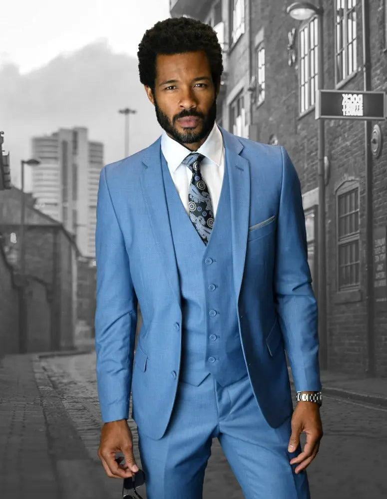 Statement Lorenzo Steel Blue Slim Fit Vested Suit – Super 150’s Italian Wool