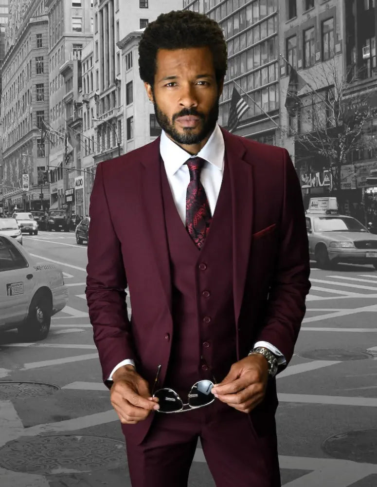 Statement Lorenzo Burgundy Slim Fit Vested Suit – Super 150’s Italian Wool