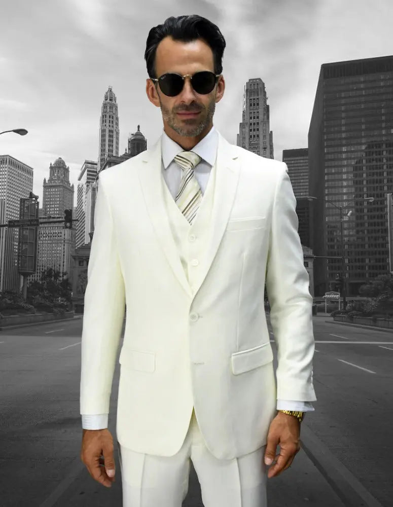 Statement Lorenzo Offwhite Slim Fit Vested Suit – Super 150’s Italian Wool