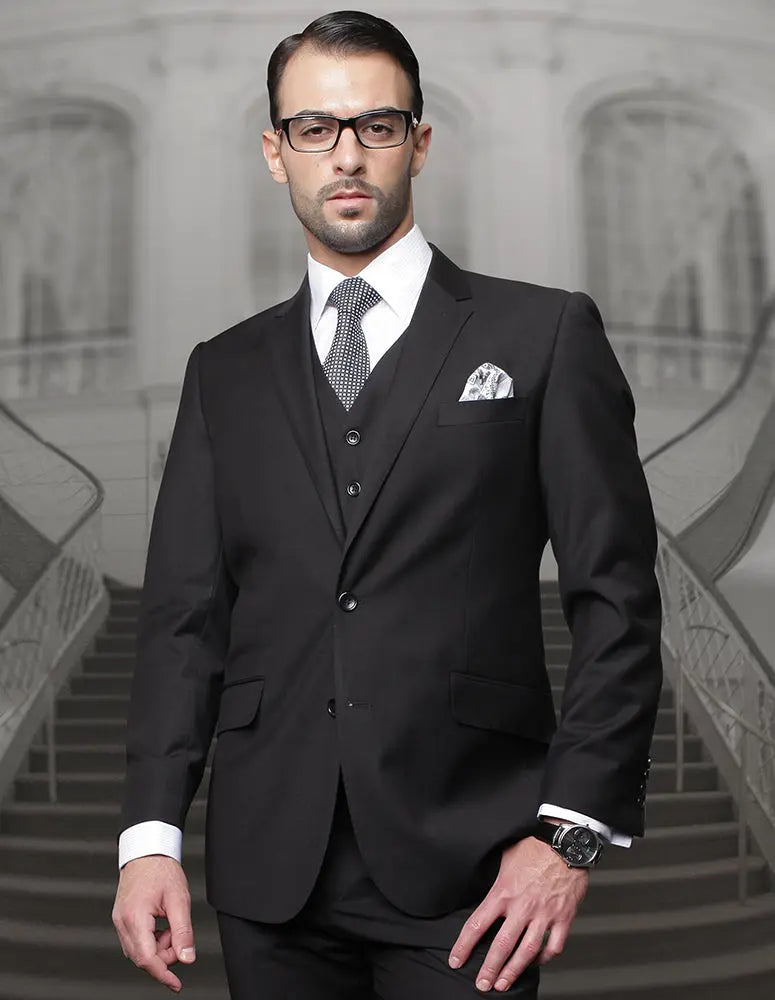 Statement TZ-100BG Black Vested Suit - Super 150's Italian Wool