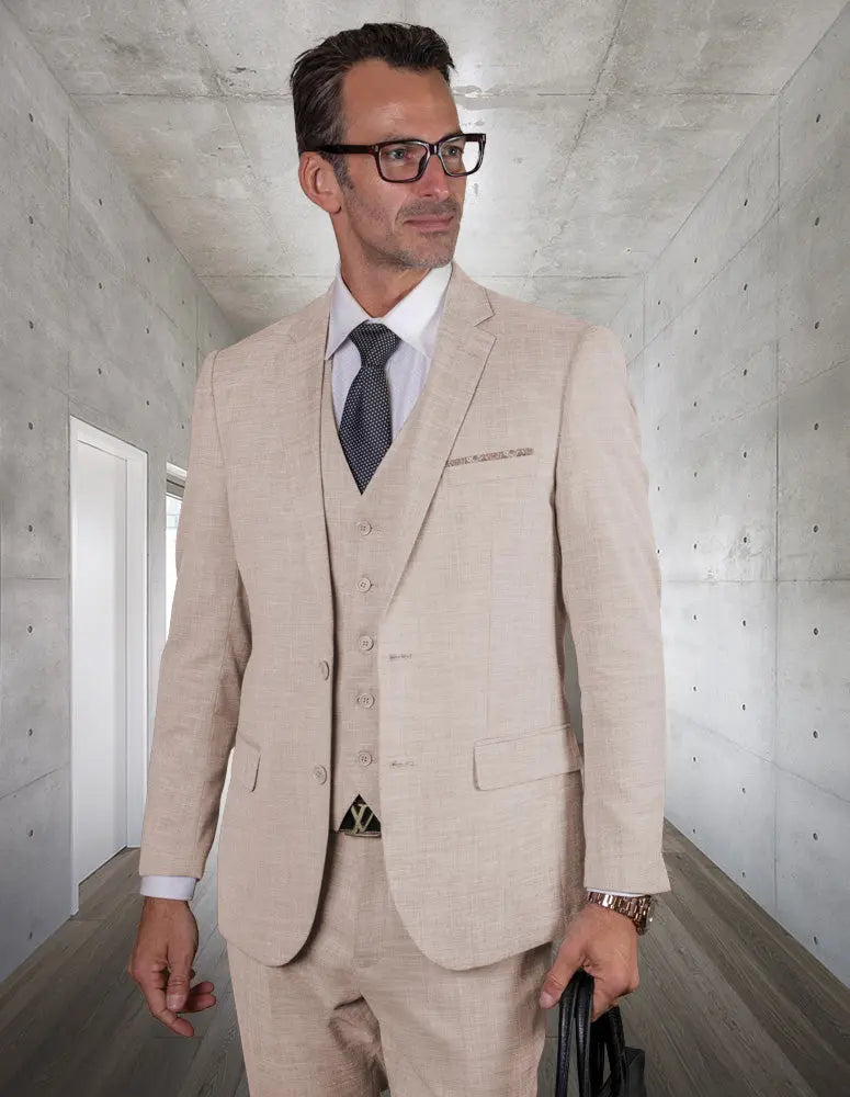 Statement Lazaro Tan Slim Fit Vested Suit – Super 150’s Italian Wool