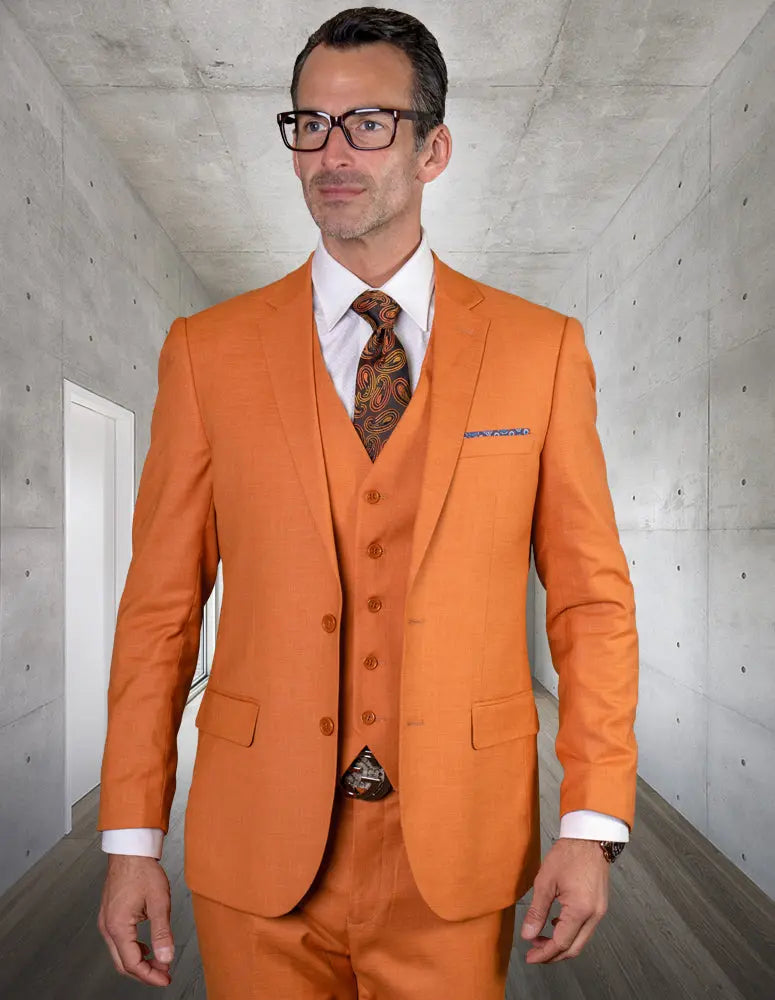 Statement Lazaro Rust Slim Fit Vested Suit – Super 150’s Italian Wool