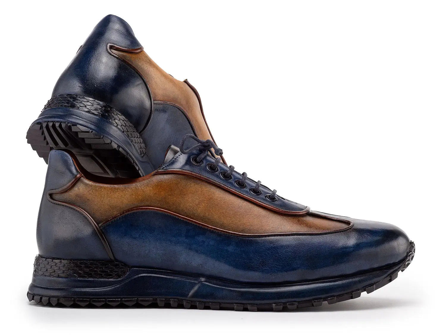 Paul Parkman Men's Blue/Camel Patina Leather Sneakers (ID#LS406BCL) PAUL PARKMAN