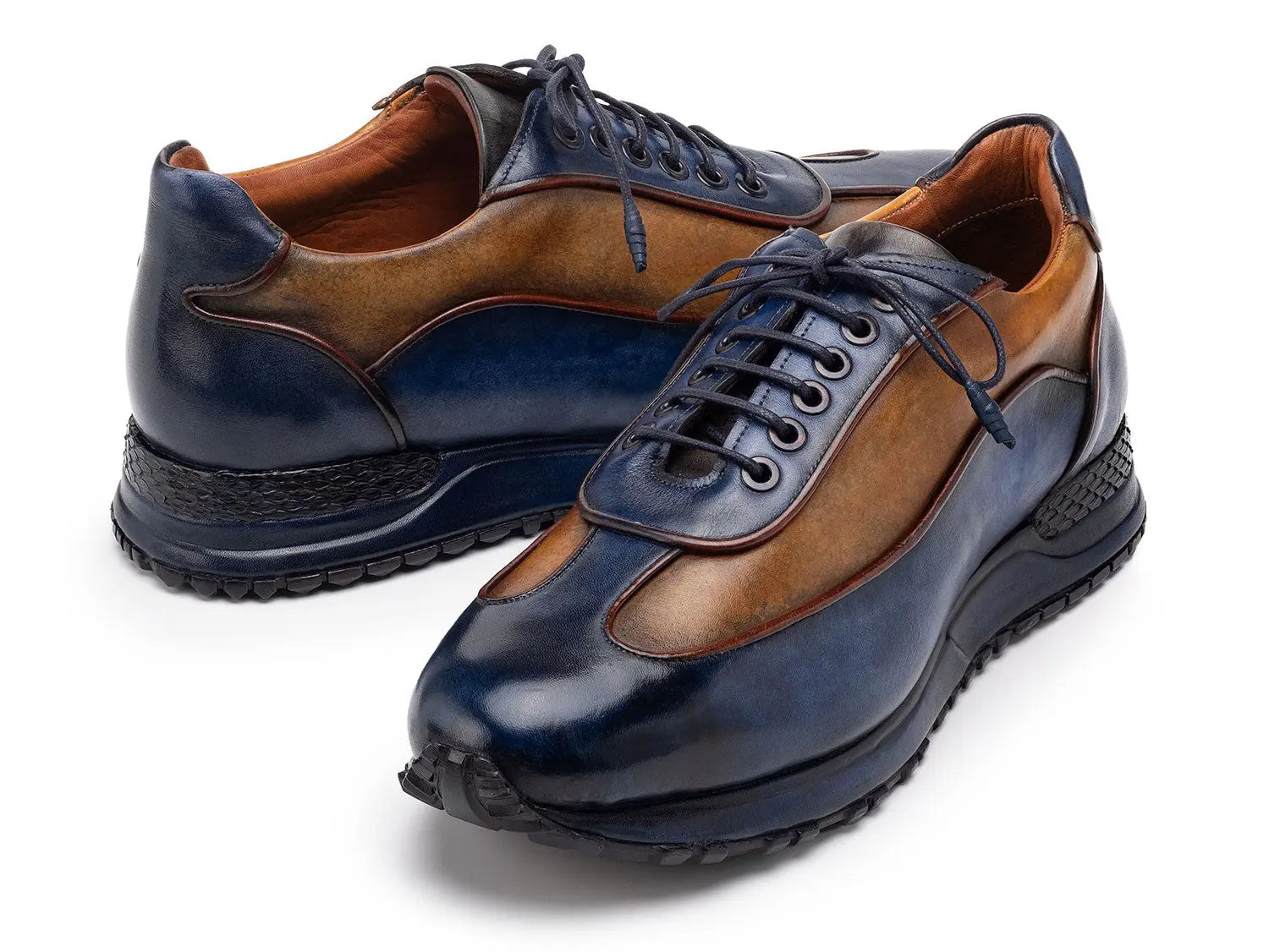 Paul Parkman Men's Blue/Camel Patina Leather Sneakers (ID#LS406BCL) PAUL PARKMAN
