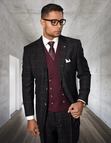 Statement Lucca Black/Burgundy Super 200's Italian Wool/Cashmere Vested Suit