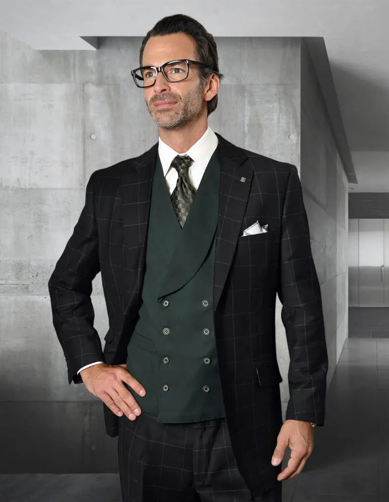 Statement Lucca Black/Hunter Super 200's Italian Wool/Cashmere Vested Suit