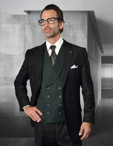 Statement Lucca Black/Hunter Super 200's Italian Wool/Cashmere Vested Suit