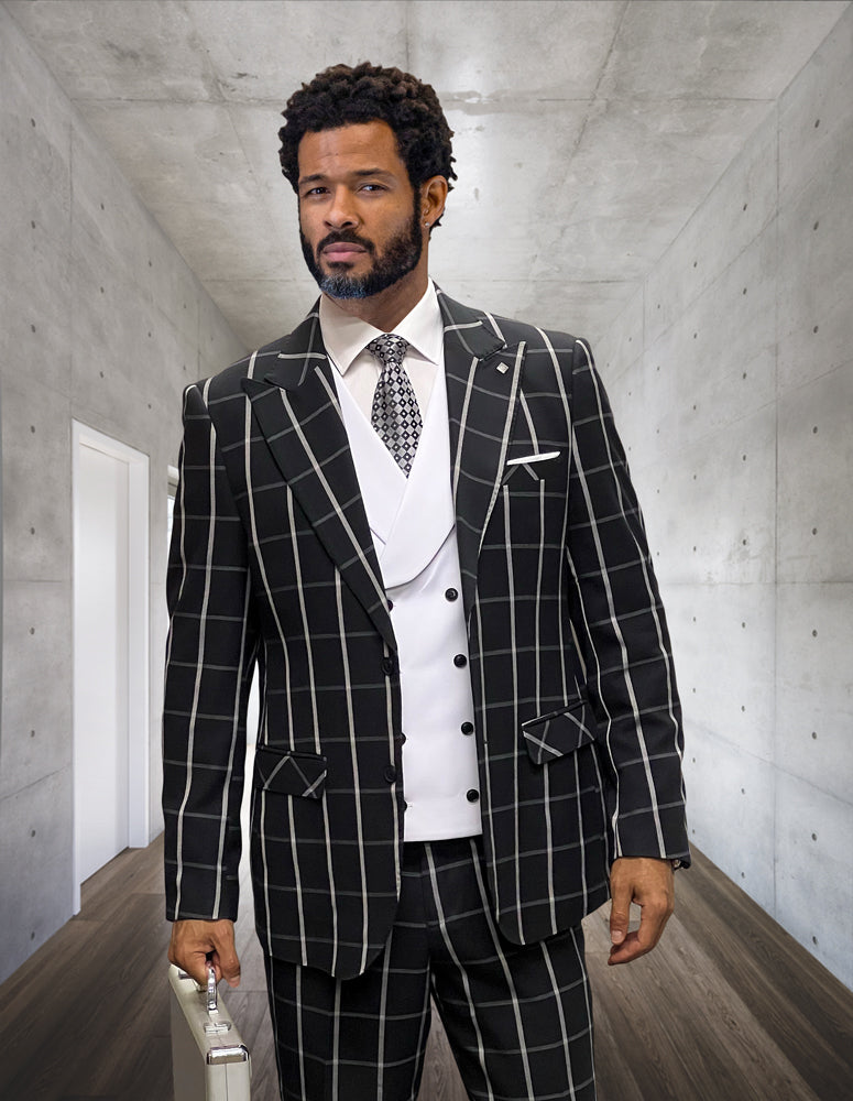 Statement Lucci Black / White Windowpane Super 180's Italian Wool Vested Suit