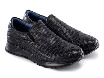 Paul Parkman Men's Black Woven Leather Slip-On Sneakers (ID#LW204BLK) PAUL PARKMAN