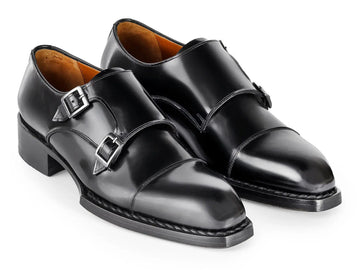 Paul Parkman Men's Black Triple Genuine Leather Sole Hand-Welted Cap Toe Monk strap Shoes (ID#LX75MNK) PAUL PARKMAN
