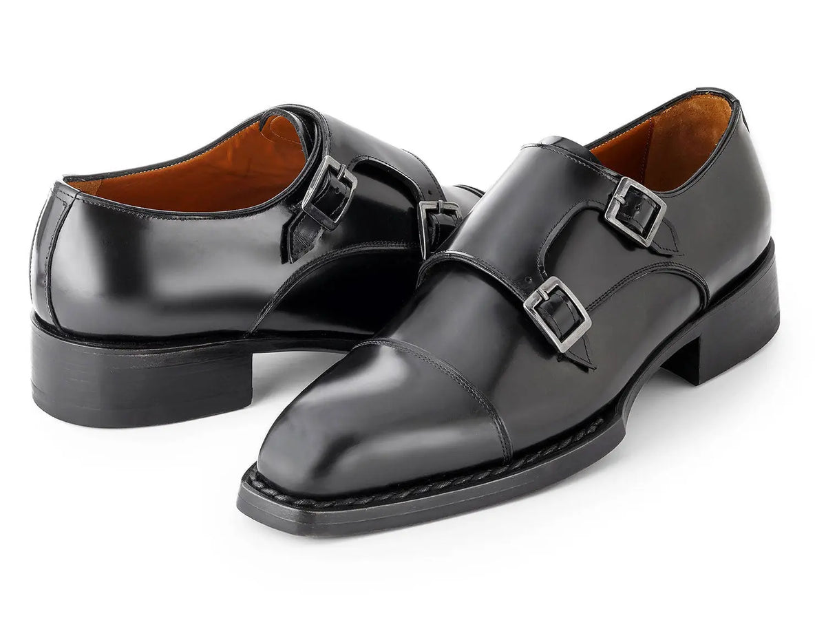 Paul Parkman Men's Black Triple Genuine Leather Sole Hand-Welted Cap Toe Monk strap Shoes (ID#LX75MNK) PAUL PARKMAN