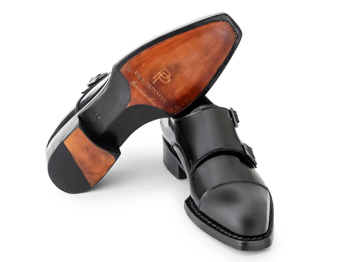 Paul Parkman Men's Black Triple Genuine Leather Sole Hand-Welted Cap Toe Monk strap Shoes (ID#LX75MNK) PAUL PARKMAN