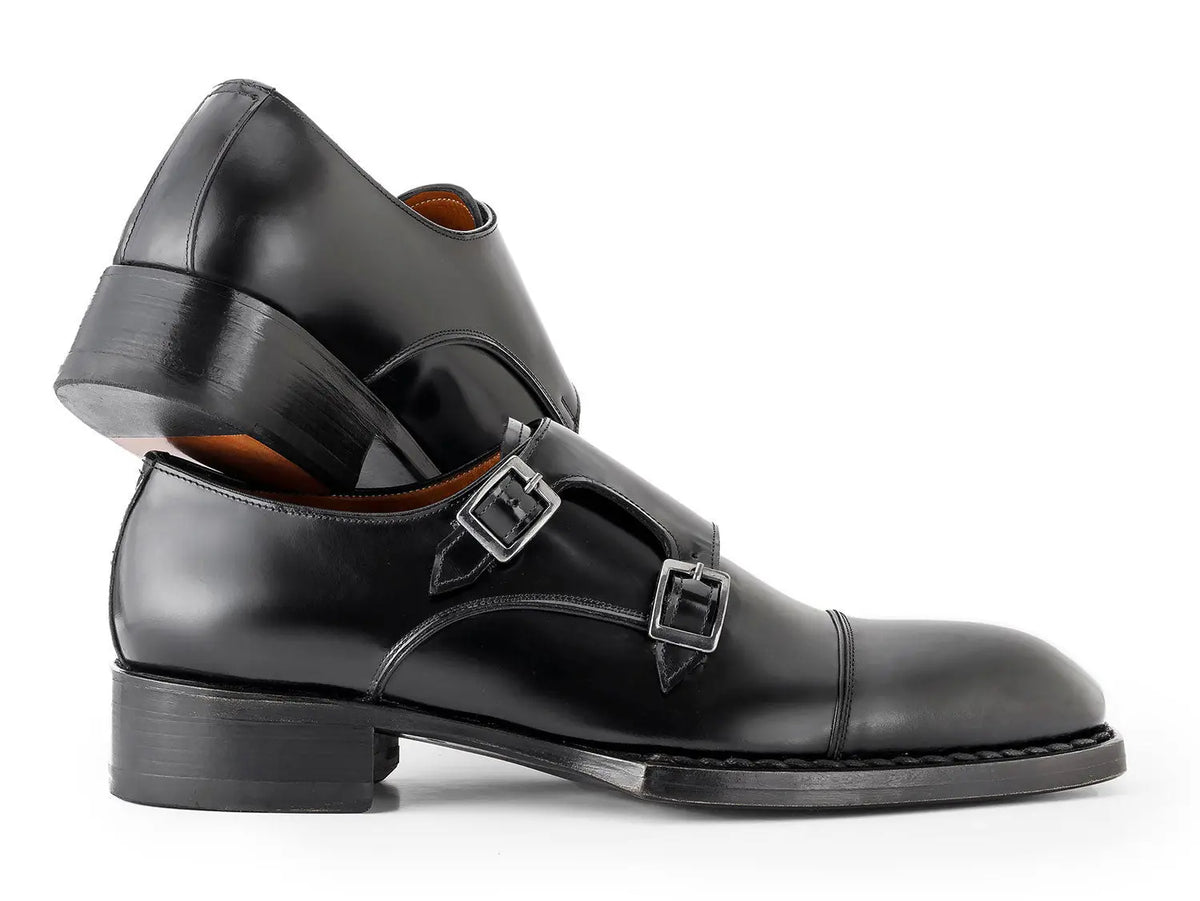 Paul Parkman Men's Black Triple Genuine Leather Sole Hand-Welted Cap Toe Monk strap Shoes (ID#LX75MNK) PAUL PARKMAN