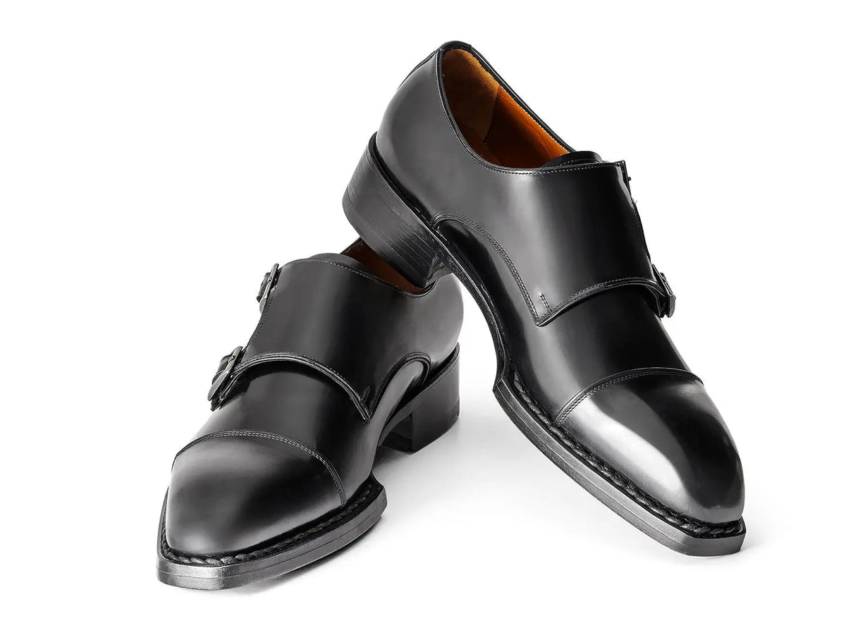 Paul Parkman Men's Black Triple Genuine Leather Sole Hand-Welted Cap Toe Monk strap Shoes (ID#LX75MNK) PAUL PARKMAN