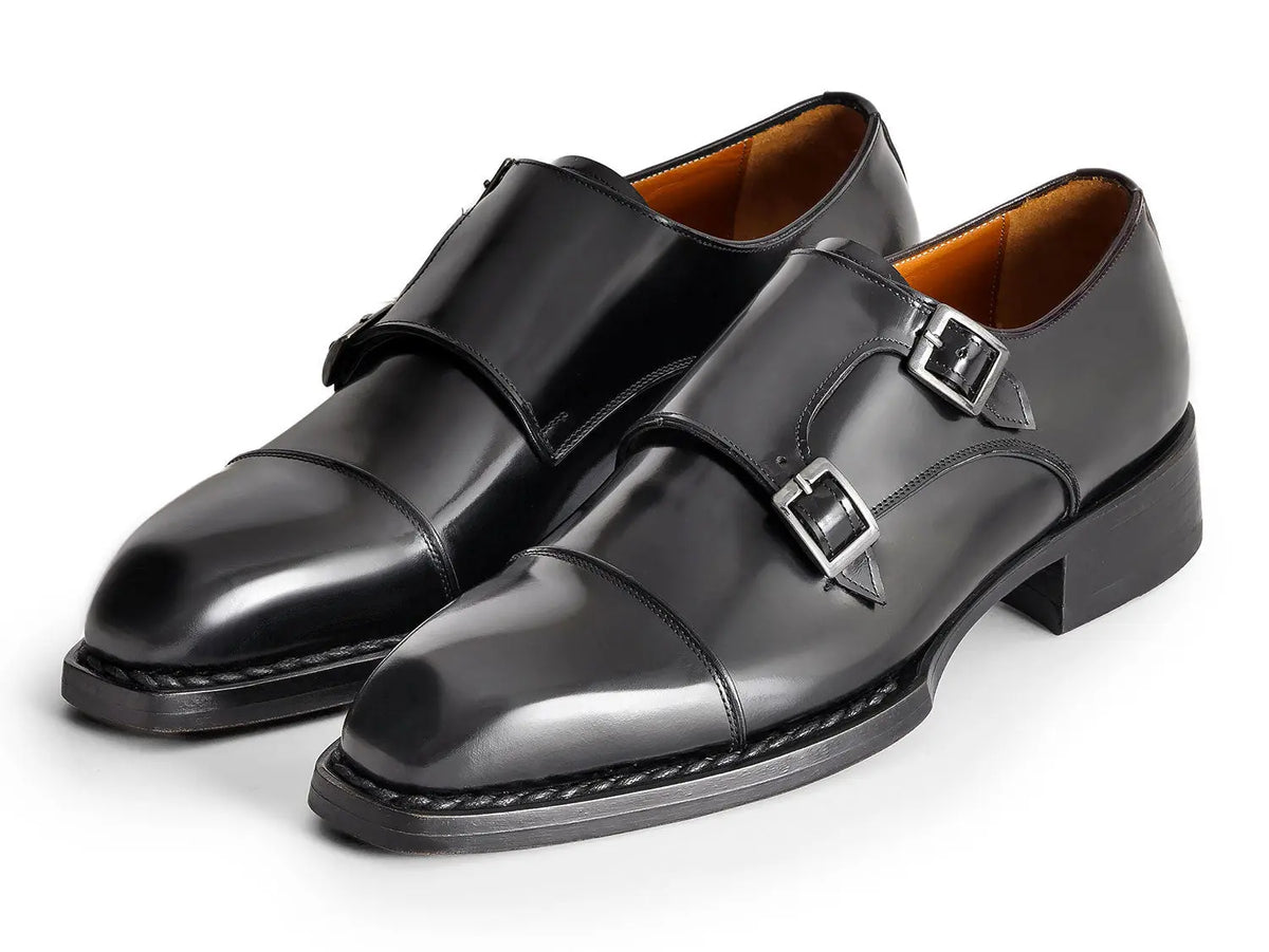 Paul Parkman Men's Black Triple Genuine Leather Sole Hand-Welted Cap Toe Monk strap Shoes (ID#LX75MNK) PAUL PARKMAN