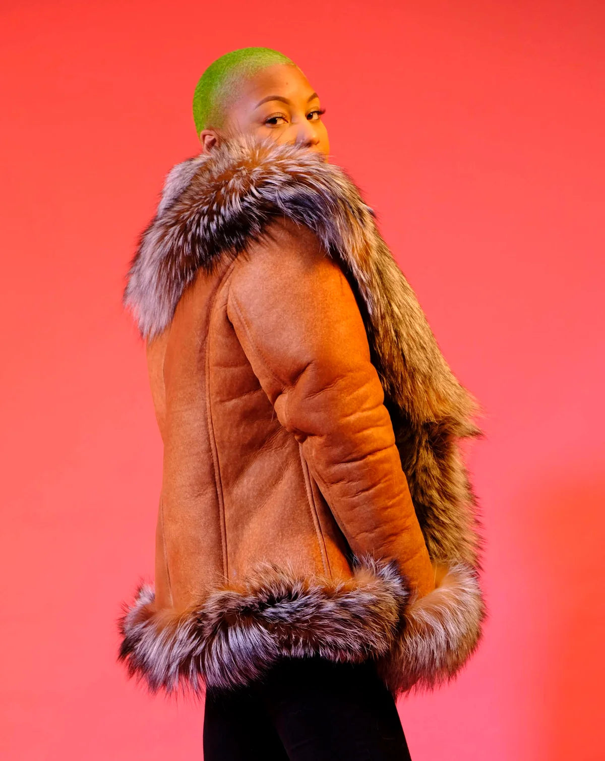 Jakewood 1086 Ladies Crispy Cognac Genuine Chrystal Fox Fur/Sheepskin Leather Jacket