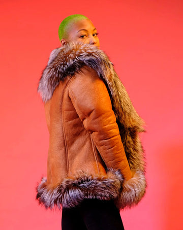 Jakewood 1086 Ladies Crispy Cognac Genuine Chrystal Fox Fur/Sheepskin Leather Jacket