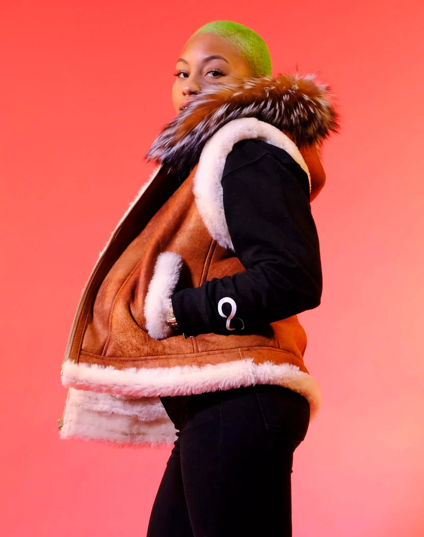 Jakewood 1037 Ladies Brown Genuine Sheepskin/Raccoon Fur Vest