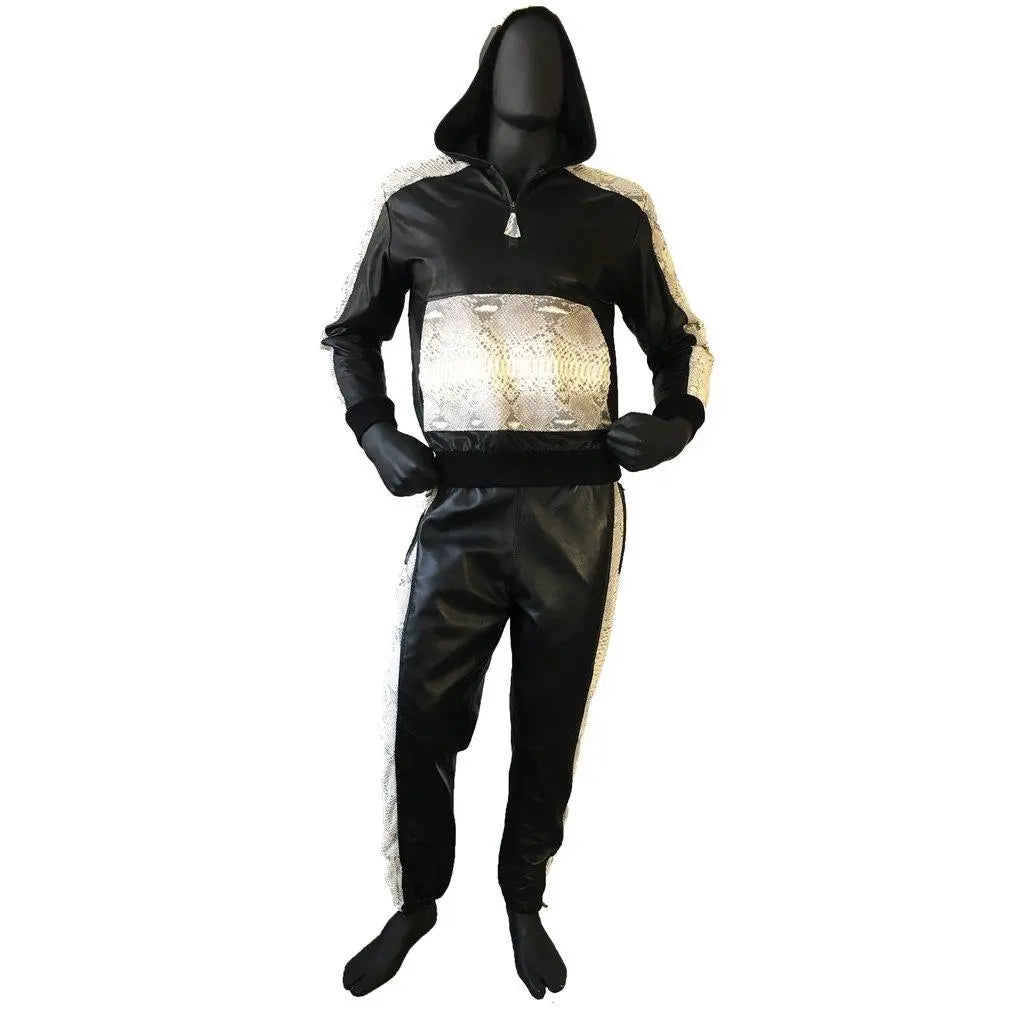 Jakewood Black Genuine Lambskin/Python Leather Pants Set  And Hoode