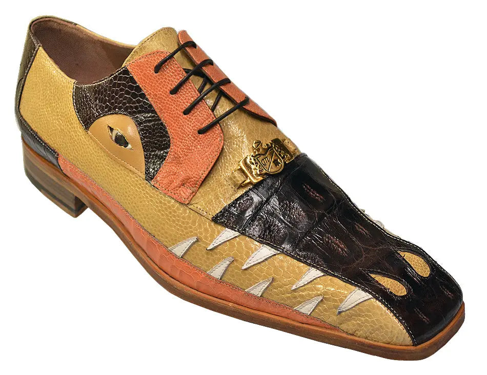 Mauri 2973 Dark Brown/Bone/Sherbert/White Genuine Crocodile/Ostrich Leg/Nappa Teeth Shoes Suit Essence