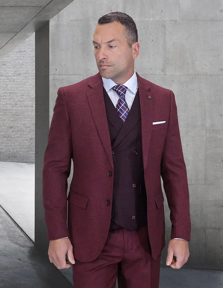 Statement Marco-1 Burgundy Super 200's Italian Wool Vested Suit