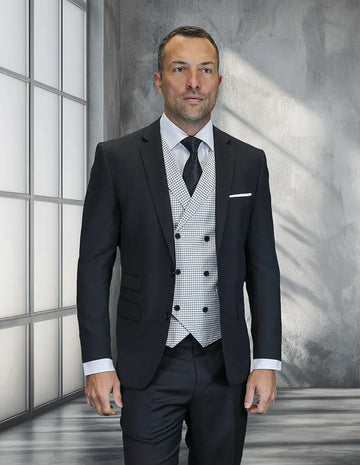 Statement Marco Black Super 200's Italian Wool/Cashmere Vested Suit