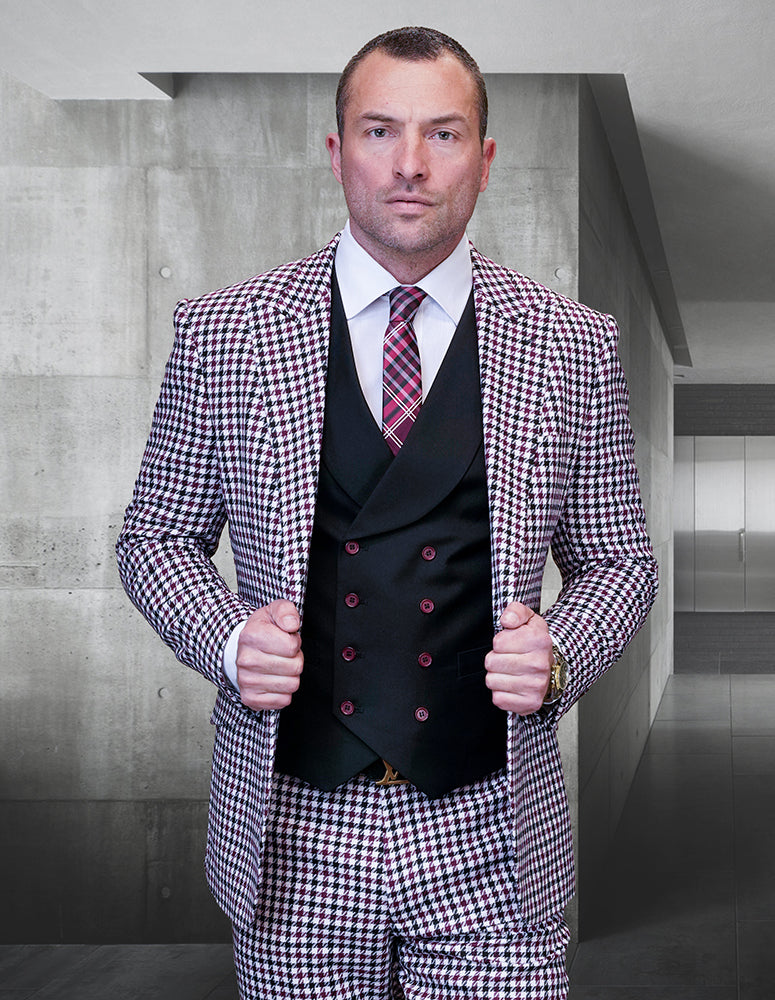 Statement Masimo Burgundy / Black / White Houndstooth Super 180's Italian Wool Vested Suit