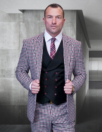 Statement Masimo Burgundy / Black / White Houndstooth Super 180's Italian Wool Vested Suit