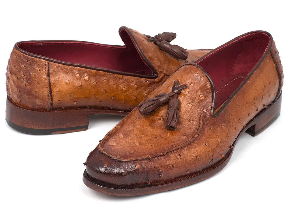 Paul Parkman Men's Camel Brown Genuine Ostrich Tassel Loafers (ID#OST834CML) PAUL PARKMAN