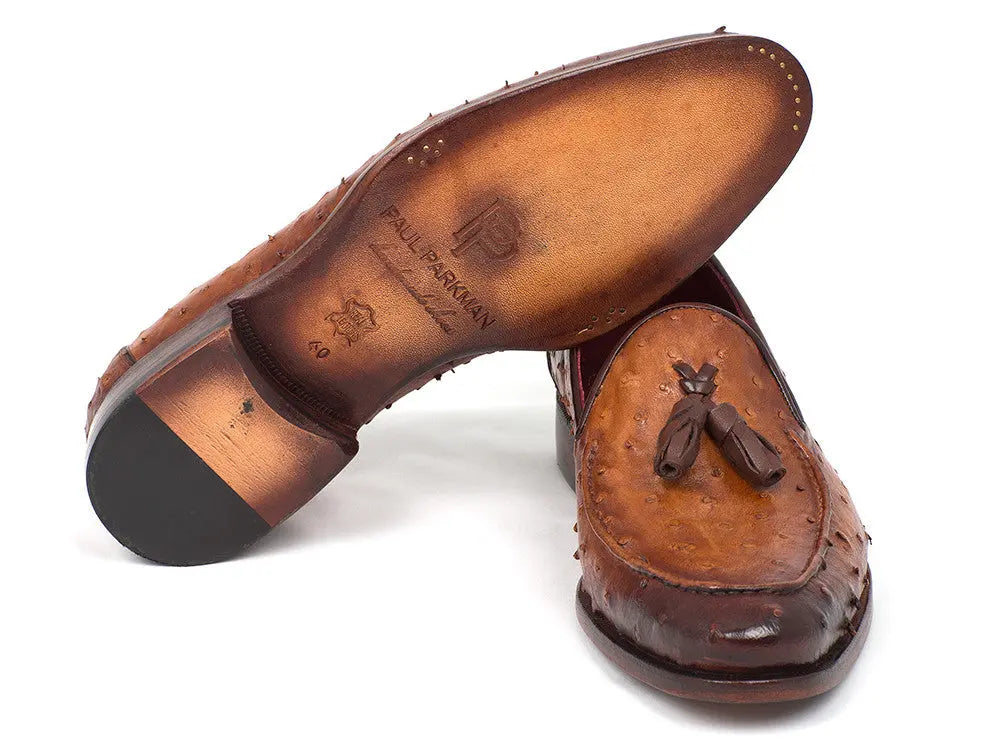 Paul Parkman Men's Camel Brown Genuine Ostrich Tassel Loafers (ID#OST834CML) PAUL PARKMAN
