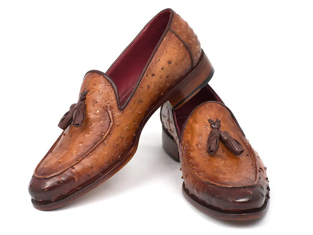 Paul Parkman Men's Camel Brown Genuine Ostrich Tassel Loafers (ID#OST834CML) PAUL PARKMAN