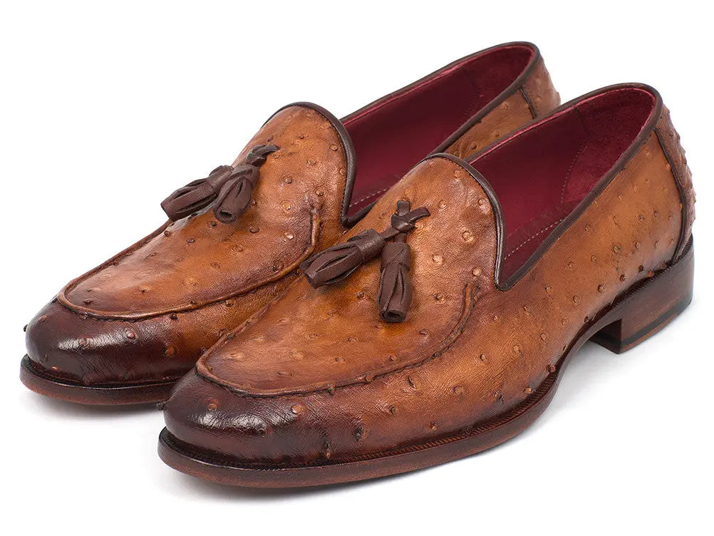 Paul Parkman Men's Camel Brown Genuine Ostrich Tassel Loafers (ID#OST834CML) PAUL PARKMAN