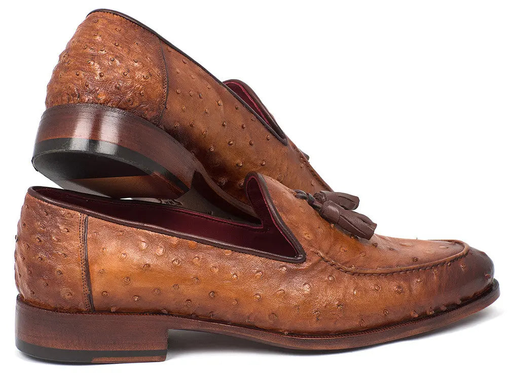 Paul Parkman Men's Camel Brown Genuine Ostrich Tassel Loafers (ID#OST834CML) PAUL PARKMAN