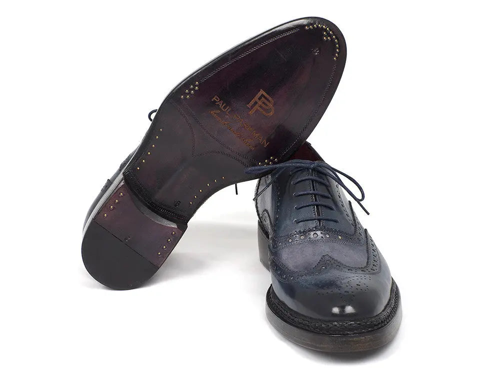 Paul Parkman Men's Blue Triple Genuine Leather Sole Wingtip Brogues (ID#027-TRP-BLU) PAUL PARKMAN