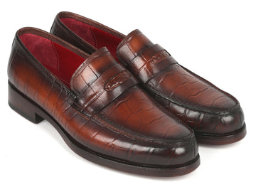 Paul Parkman Brown Crocodile Embossed Calfskin Penny Loafers (ID#3857-BRW)