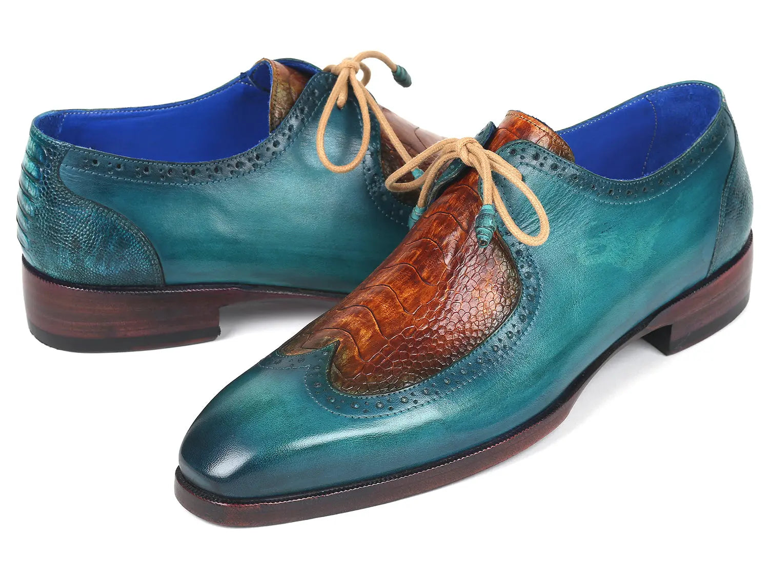 Paul Parkman Men's Turquoise Blue/Cognac Genuine Ostrich Leg/Calfskin Derby Shoes (ID#788GY74) PAUL PARKMAN