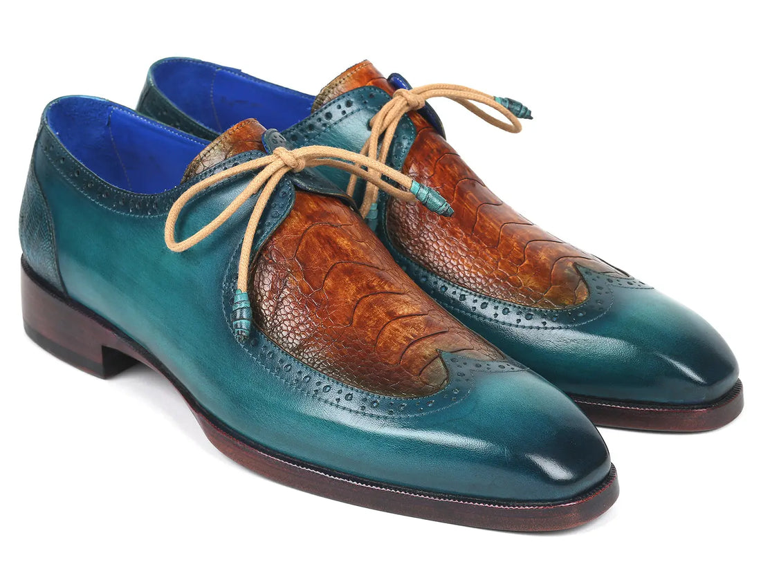 Paul Parkman Men's Turquoise Blue/Cognac Genuine Ostrich Leg/Calfskin Derby Shoes (ID#788GY74) PAUL PARKMAN
