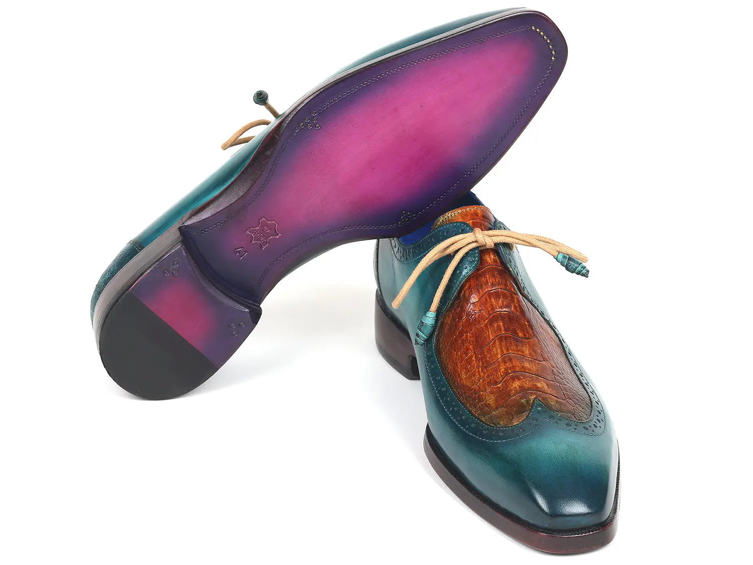 Paul Parkman Men's Turquoise Blue/Cognac Genuine Ostrich Leg/Calfskin Derby Shoes (ID#788GY74) PAUL PARKMAN