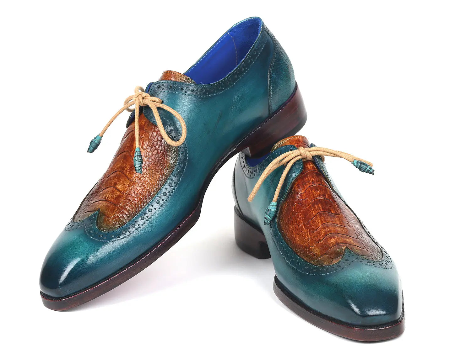 Paul Parkman Men's Turquoise Blue/Cognac Genuine Ostrich Leg/Calfskin Derby Shoes (ID#788GY74) PAUL PARKMAN