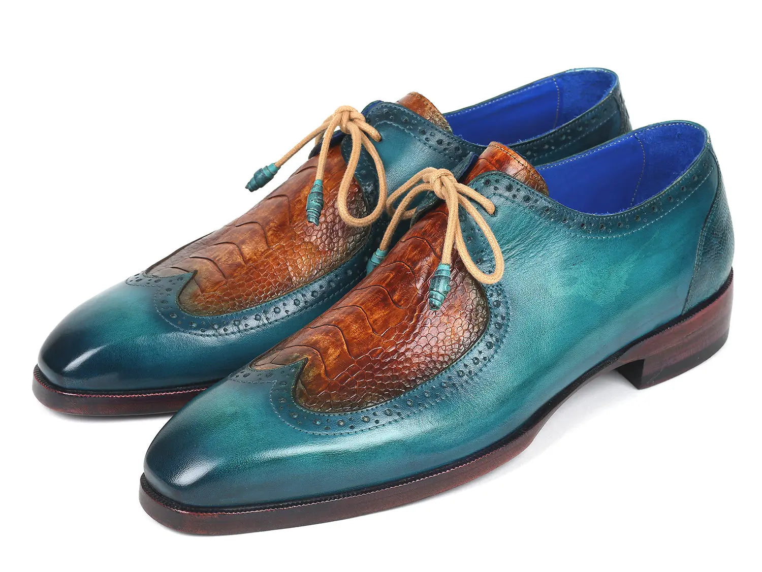 Paul Parkman Men's Turquoise Blue/Cognac Genuine Ostrich Leg/Calfskin Derby Shoes (ID#788GY74) PAUL PARKMAN