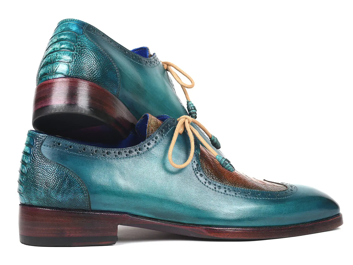 Paul Parkman Men's Turquoise Blue/Cognac Genuine Ostrich Leg/Calfskin Derby Shoes (ID#788GY74) PAUL PARKMAN