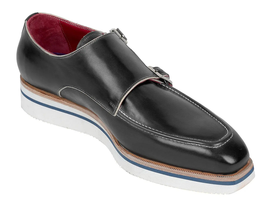 Paul Parkman Men's Black Genuine Leather Smart Casual Monk strap Shoes (ID#189-BLK-LTH) PAUL PARKMAN