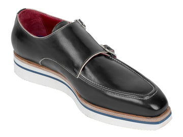 Paul Parkman Men's Black Genuine Leather Smart Casual Monk strap Shoes (ID#189-BLK-LTH) PAUL PARKMAN