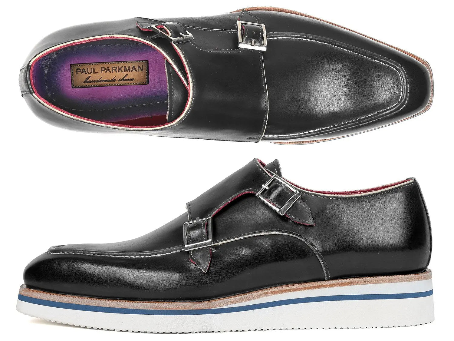 Paul Parkman Men's Black Genuine Leather Smart Casual Monk strap Shoes (ID#189-BLK-LTH) PAUL PARKMAN