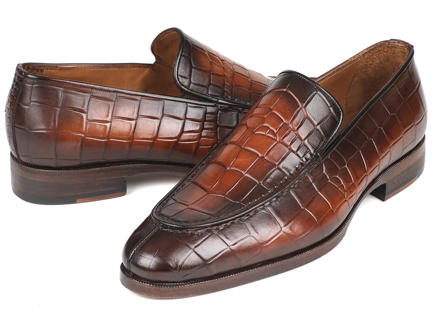Paul Parkman Men's Brown Burnished Crocodile Embossed Calfskin Loafers (ID#7339-BRW) PAUL PARKMAN