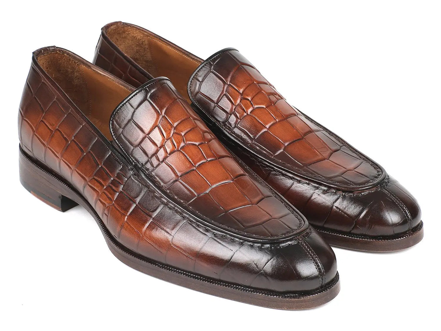 Paul Parkman Men's Brown Burnished Crocodile Embossed Calfskin Loafers (ID#7339-BRW) PAUL PARKMAN