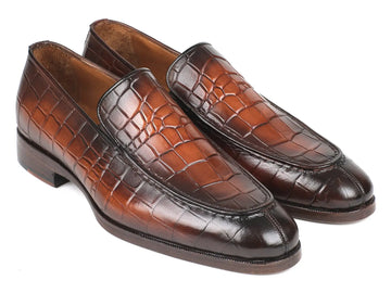 Paul Parkman Men's Brown Burnished Crocodile Embossed Calfskin Loafers (ID#7339-BRW) PAUL PARKMAN