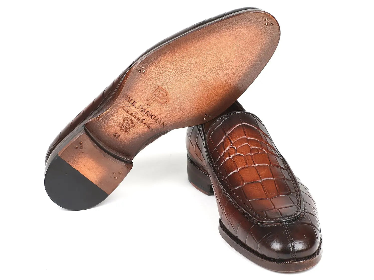 Paul Parkman Men's Brown Burnished Crocodile Embossed Calfskin Loafers (ID#7339-BRW) PAUL PARKMAN